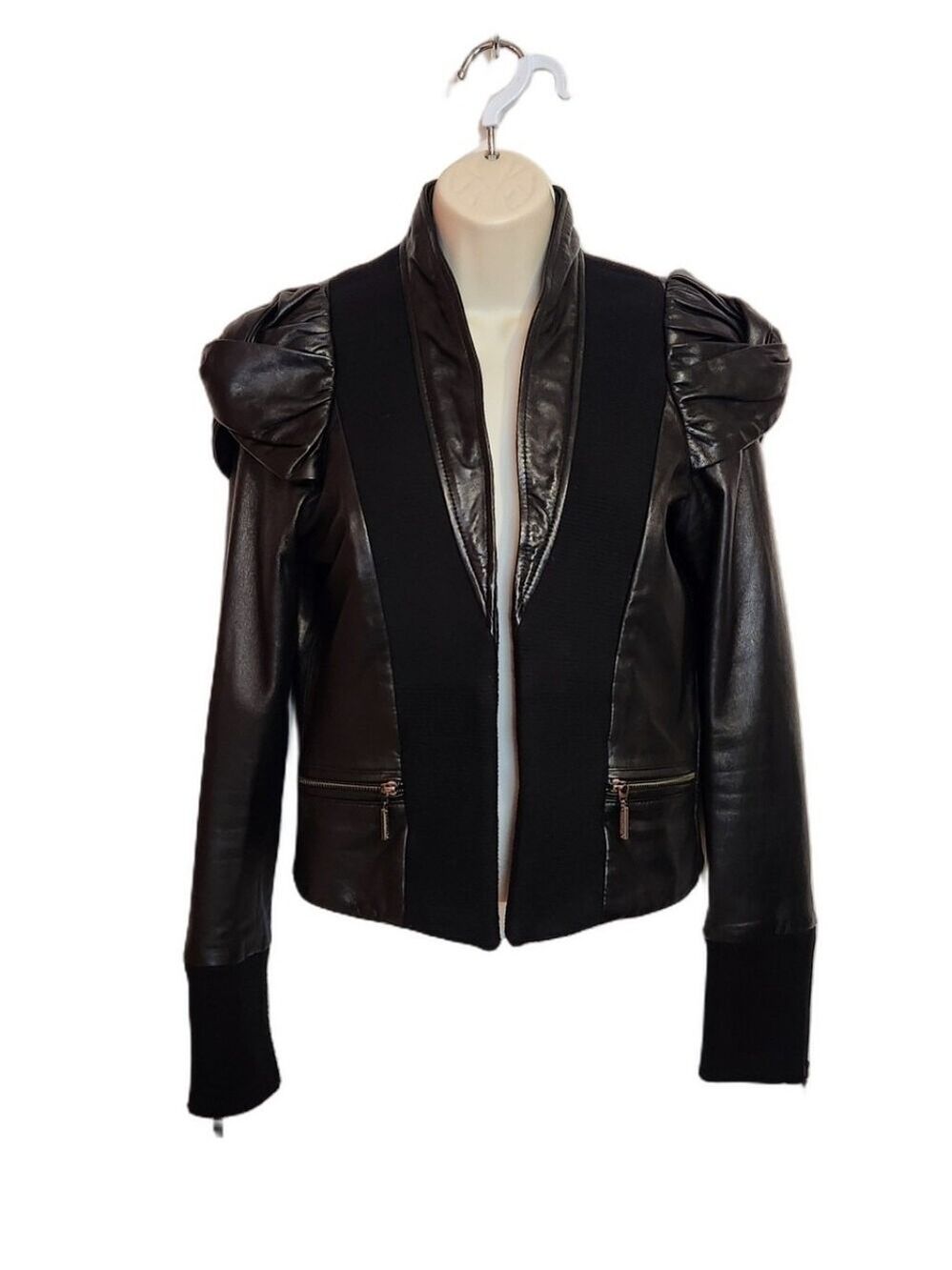 Afflication Leather Ribbed Knit Open Front Twist Puff Sleeve Moto Jacket Black M